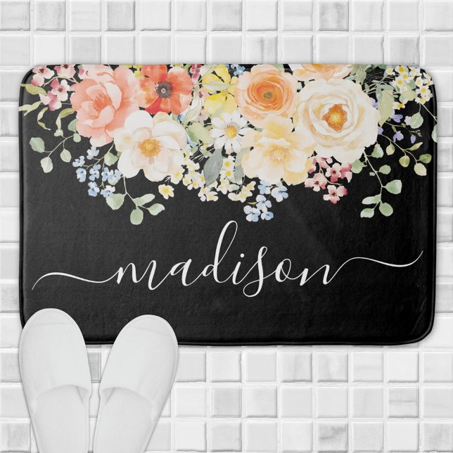 Personligt namnmonogram Vattenfärg Solig blommig Badrumsmatta (Skapare uppladdad)
