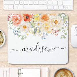Personligt namnmonogram Vattenfärg Solig blommig Musmatta