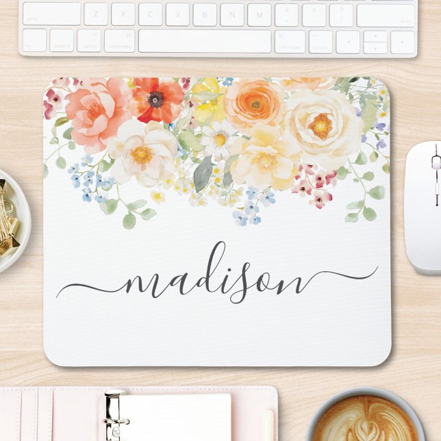Personligt namnmonogram Vattenfärg Solig blommig Musmatta (Skapare uppladdad)
