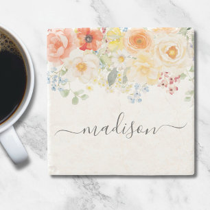 Personligt namnmonogram Vattenfärg Solig blommig Stenunderlägg
