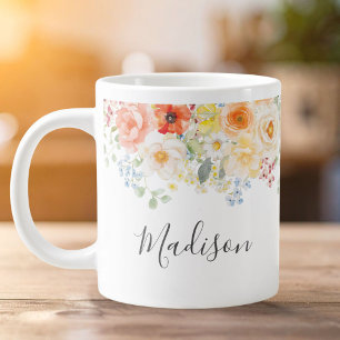 Personligt namnmonogram vattenfärg Solig blomster Jumbo Mugg