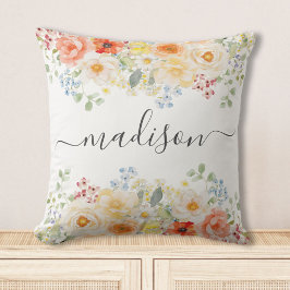 Personligt namnmonogram Vattenfärg Solig blomster Kudde