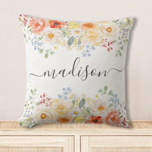 Personligt namnmonogram Vattenfärg Solig blomster Kudde