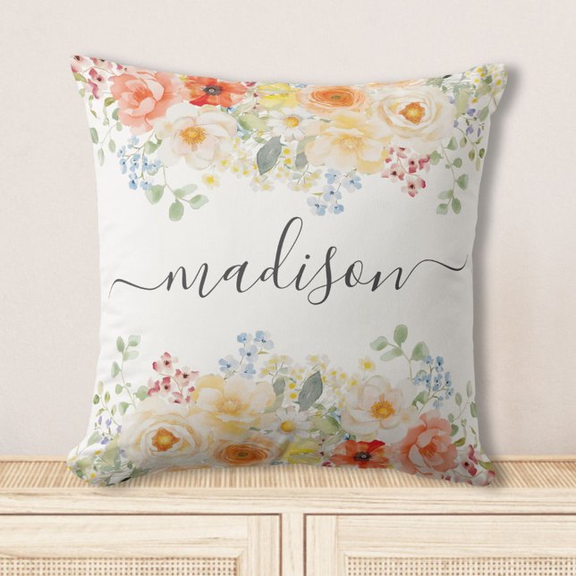 Personligt namnmonogram Vattenfärg Solig blomster Kudde (Skapare uppladdad)