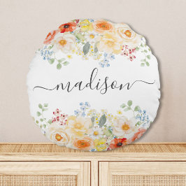 Personligt namnmonogram Vattenfärg Solig blomster Rund Kudde