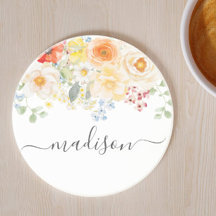 Personligt namnmonogram Vattenfärg Solig blomster Underlägg