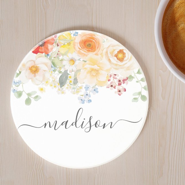 Personligt namnmonogram Vattenfärg Solig blomster Underlägg (Skapare uppladdad)