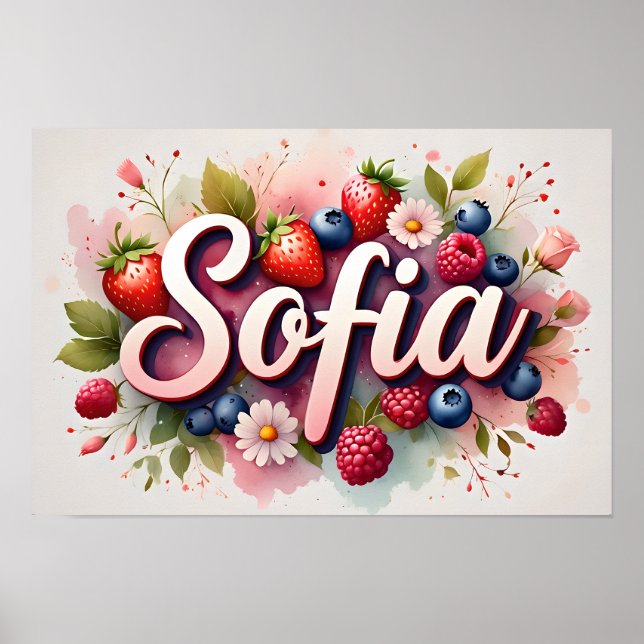 Personligt namnskylt med bär och blommor – "Sofia" Poster (Framsidan)