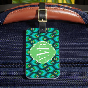 Personligt Påfågelsfjädermönster med Monogram Bagagebricka