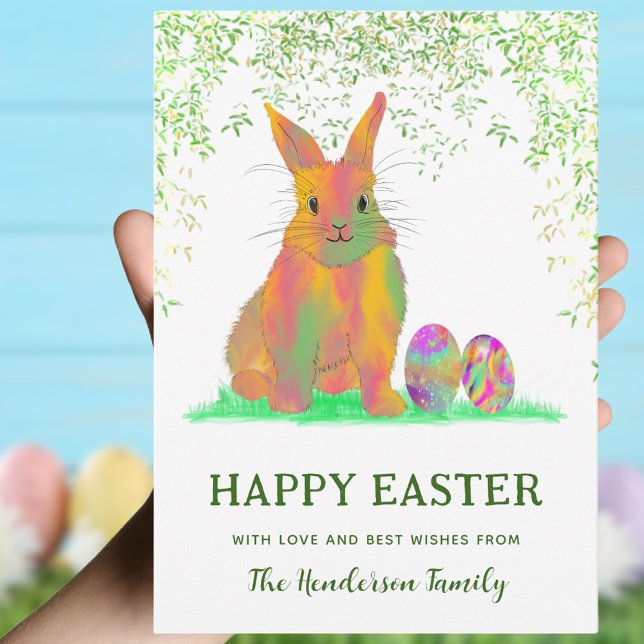 Personligt Påskharen Ägg Vattenfärg Julkort (Happy Easter cute bunny and eggs watercolor personalized greetings card)