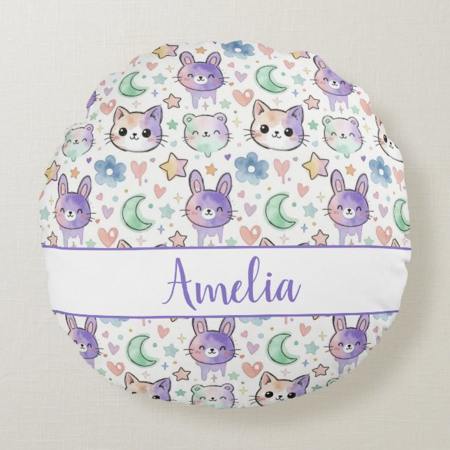 Personligt Pastell Kawaii Djur Rund Kudde (Framsidan)