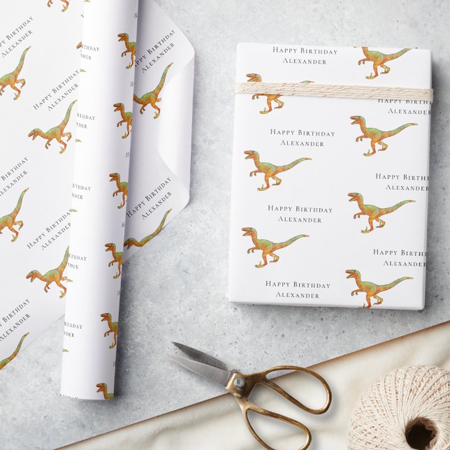 Personligt pojknamn Glad födelsedag dinosaurie Presentpapper (Personalized boy name Dinosaur velociraptor happy birthday gift wrapping paper Jurassic dino raptor)