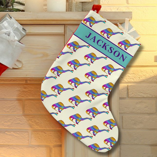 Personligt pojknamn jul dinosaurie liten julstrumpa (Personalized boy name dinosaur Christmas stocking colorful brontosaurus dino pattern)