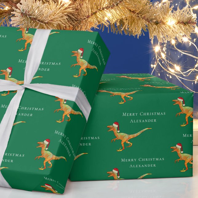 Personligt pojknamn jul dinosaurie rovsaurus presentpapper (Personalized boy name merry Christmas dinosaur raptor green gift wrap Santa Velociraptor dino)