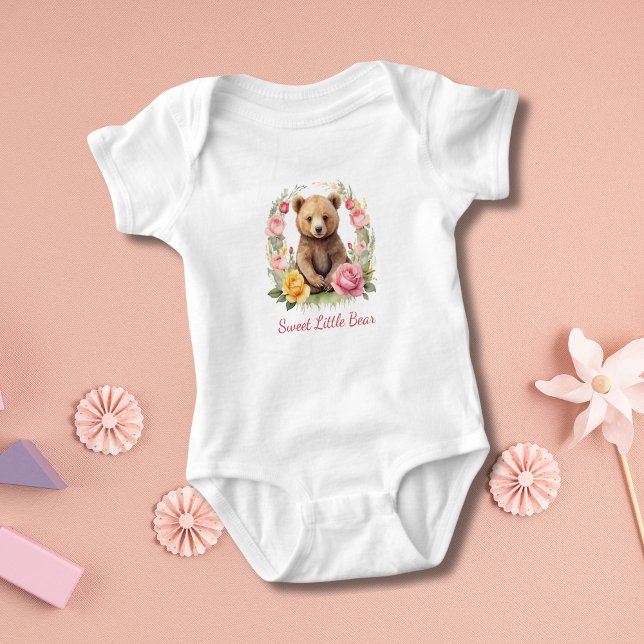 Personligt presentkort för bebisbjörn Rosa gula bl T Shirt (Personalized Baby Bear Pink Yellow Roses Flowers Baby Girl Gift Baby Shower gift)
