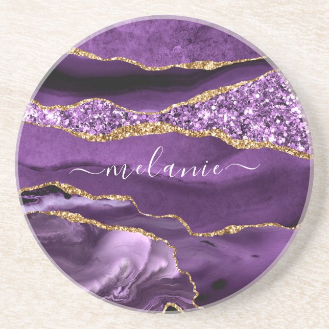Personligt presentnamn Purple Gold Glitter Coaster Underlägg (Framsidan)