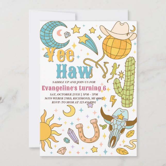 Personligt Retro Space Yee Haw Cowgirl Birthday Inbjudningar (Framsida)