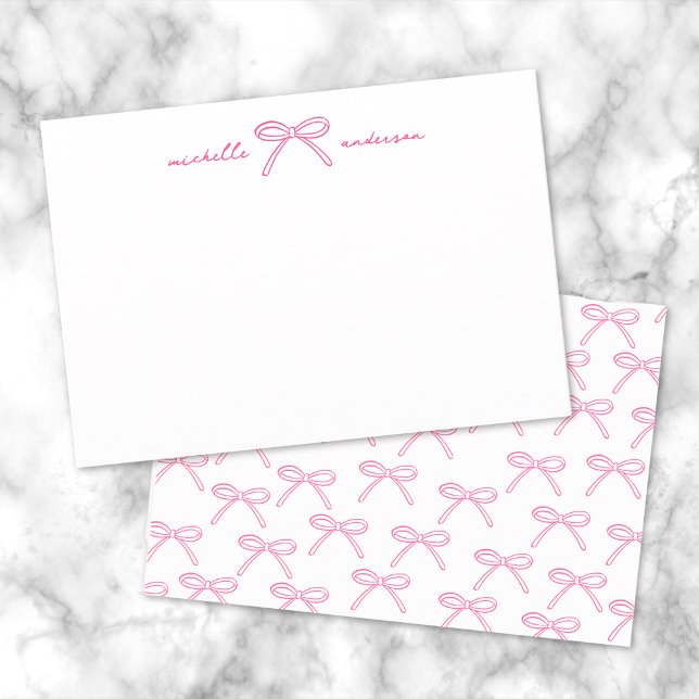 Personligt Rosa Båge Namn Anteckningskort (Personalized Pink Bow Name Note Card)