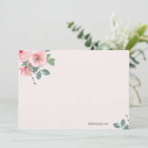 Personligt rosa blomstervattenfärg platt notkort