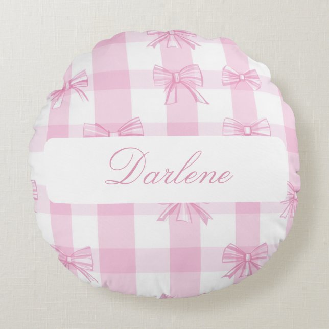Personligt rosa Gingham-band Rund Kudde (Framsidan)