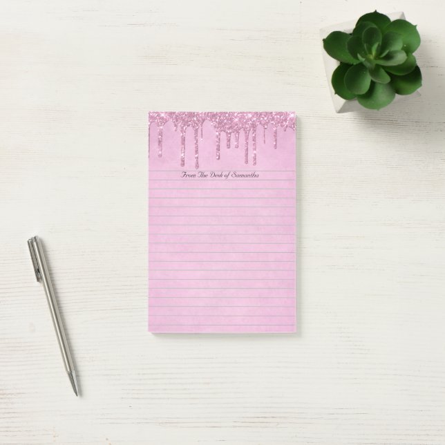 Personligt rosa glitterfyllt linjerat  post-it block (Kontor)