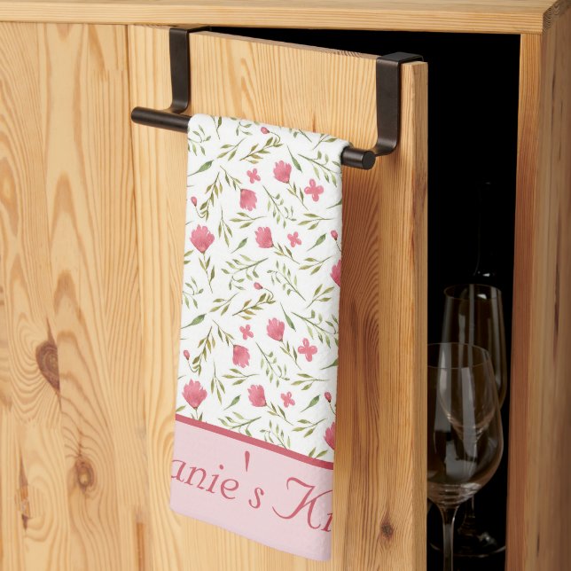 Personligt rosa grönt blommigt  kökshandduk (Thirds Fold)