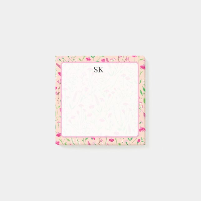 Personligt Rosa Vildblomsmonogram Post-it Block (Framsida)
