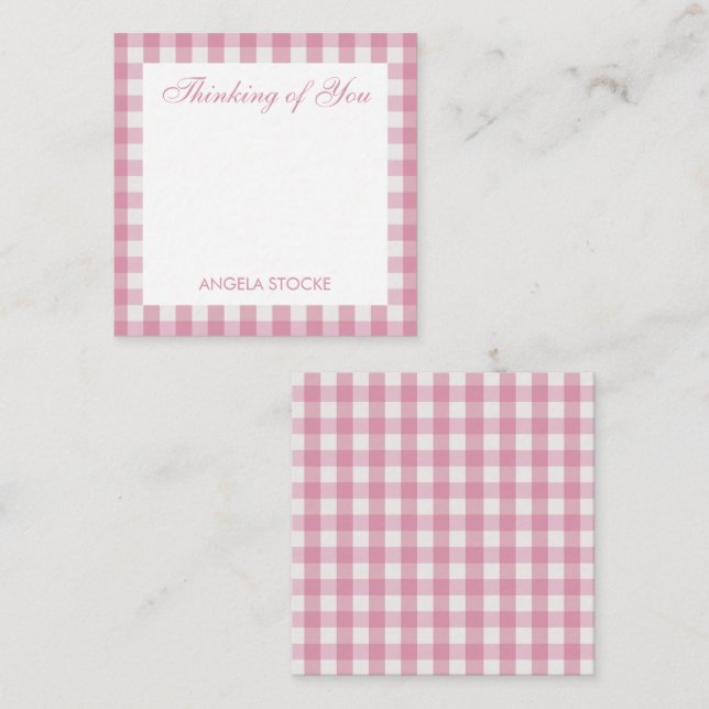 Personligt rosa vitt Gingham Anteckningskort (Fram/baksida)