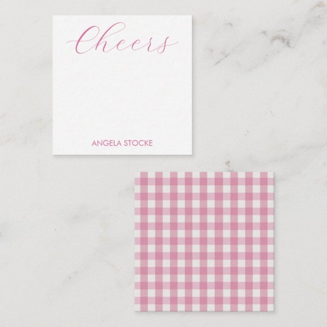 Personligt rosa vitt Gingham Anteckningskort (Fram/baksida)