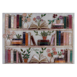 Personligt skärbräde för bokälskare med blommotiv