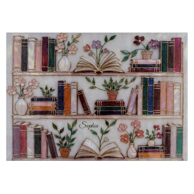 Personligt skärbräde för bokälskare med blommotiv  (Framsidan)