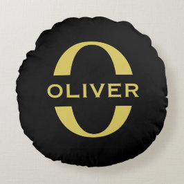 Personligt svart och guld monogram och namn rund kudde