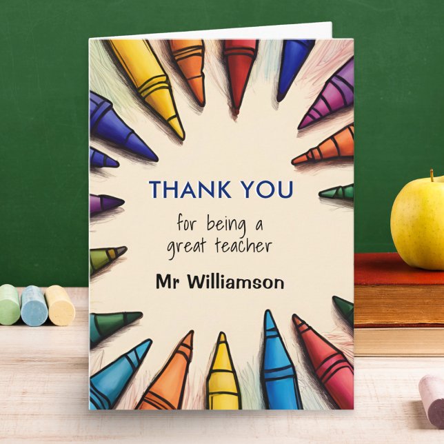 Personligt tack lärare uppskattning kort (A 'Thank You' card for a teacher with colorful crayons design and personalized with teacher's name)