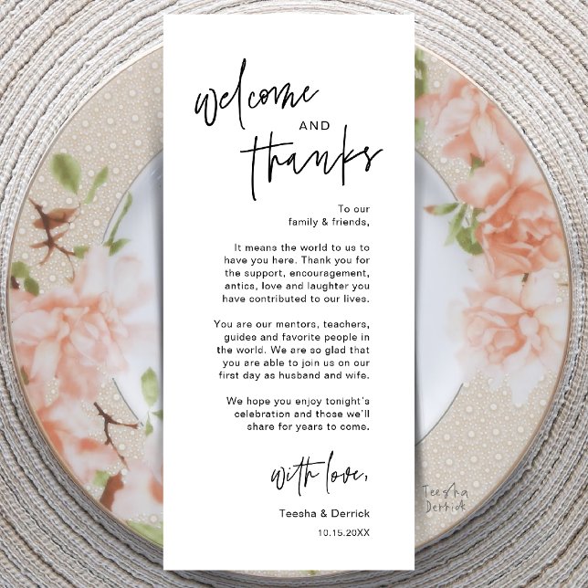 Personligt tackkort för bröllopsbord program (Personalised Elegant Modern Wedding Dinner Place Setting Thank You Card in Black and White)