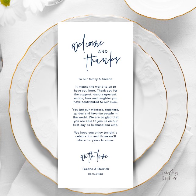Personligt tackkort för bröllopsbord program (Personalised Wedding Dinner Place Setting Thank You Card in navy blue)