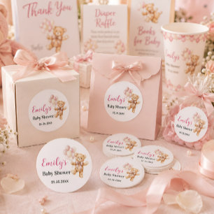 Personligt teddybjörn för flicka Baby Shower Runt Klistermärke