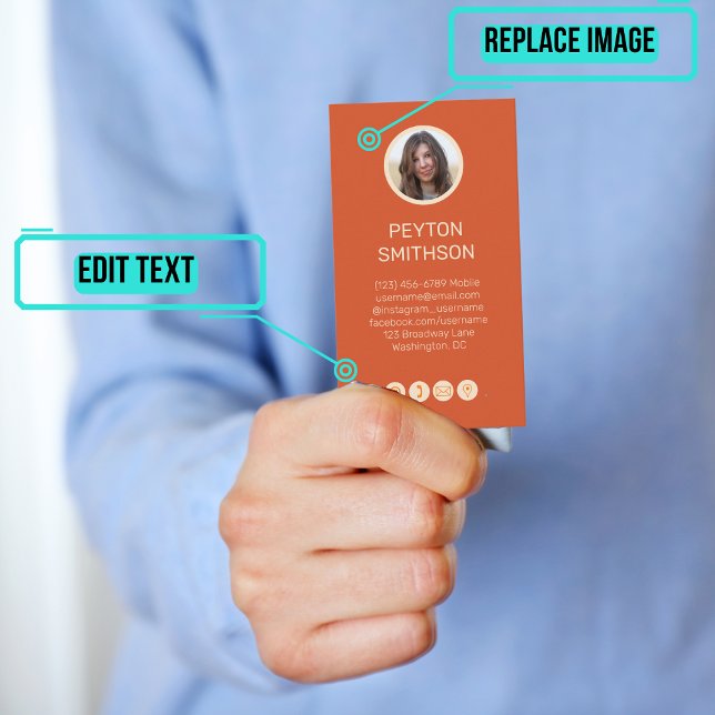 Personligt Telefonkort: Orange med foton Visitkort (This design has photos of each partner on opposite sides of the card.)