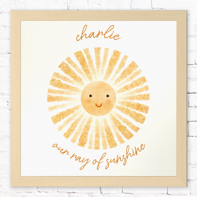 Personligt väggdekorativt plakat för barnkammare m poster (Our ray of sunshine personalized custom text happy watercolor sun poster for nursery decor)