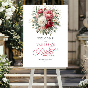 Personligt välkomstskylt i burgunderrosa blommor poster