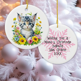 Personligt vattenfärgskitty blommor jul julgransprydnad keramik