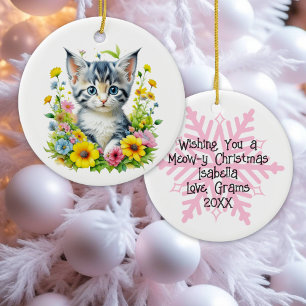 Personligt vattenfärgskitty blommor jul julgransprydnad keramik