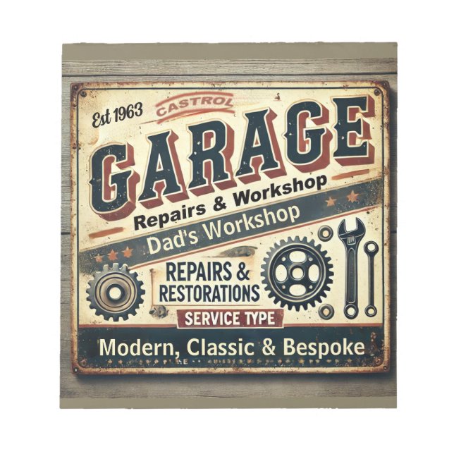 Personligt Vintage Garage Notepad Anteckningsblock (Framsida)