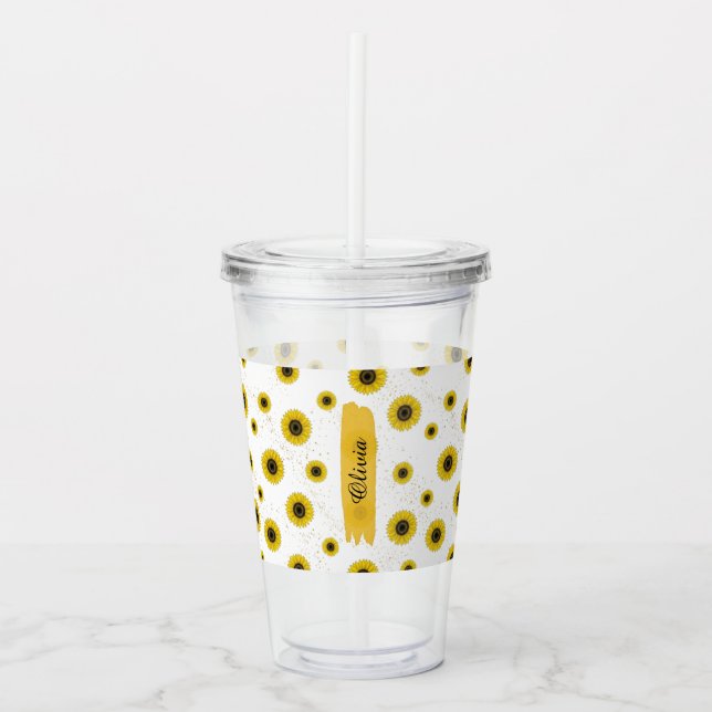 Personligt Vit Solrosmönster Akryl Kopp Take Away Mugg (Framsida)
