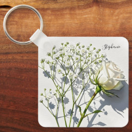 Personligt Vita Ros Blommig Charm Nyckelring