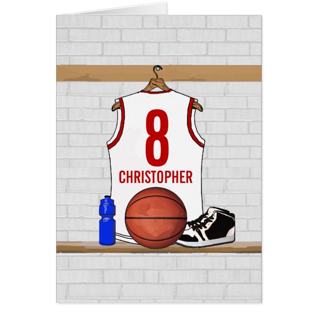 Personligvit och röd basket Jersey Hälsningskort (Framsidan)