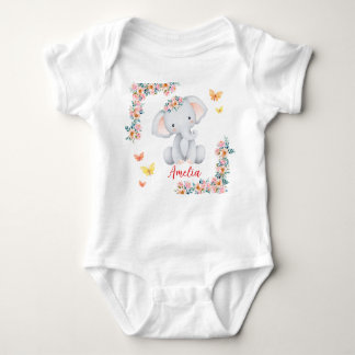 Personlized Name Baby Bodysuit Floral Elephant T Shirt
