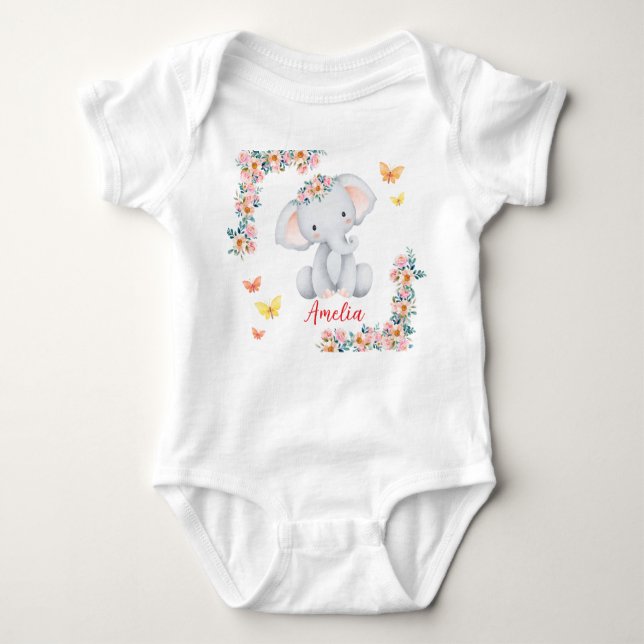 Personlized Name Baby Bodysuit Floral Elephant T Shirt (Framsida)