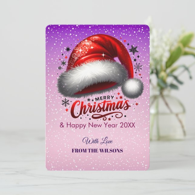 Personlized Scarlet Santa Hat Glow Photo Card Julkort (Stående Fram)
