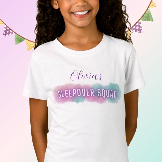 Personzalized Sleepover Squad T-Shirt | Pastellpro (Personalized t-shirt for Girl's Birthday Party Sleepover)