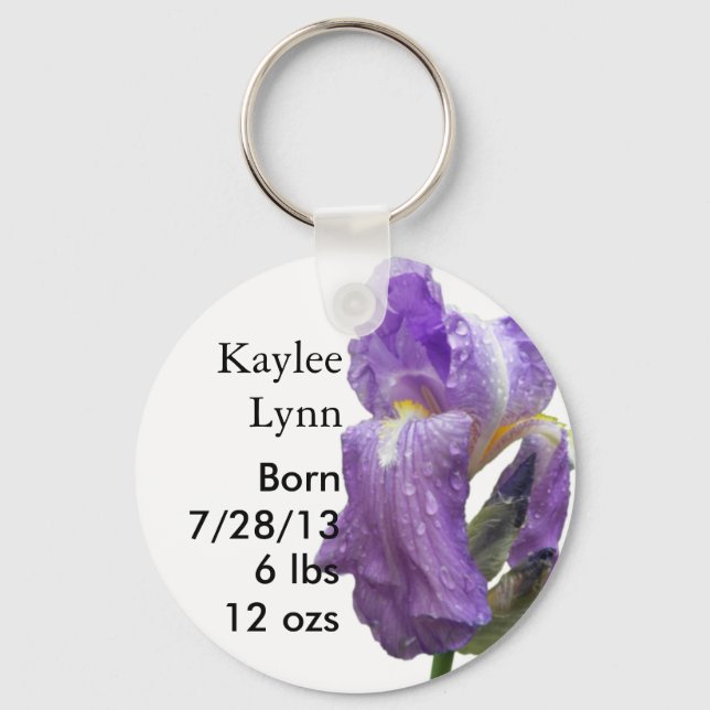 Personzlied Lila Iris Birth Notice Nyckelring (Framsida)